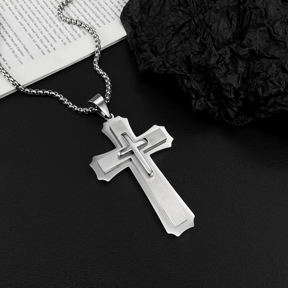 Large 52*84mm Simple Cross Pendant Charm Stainless Steel Rolo Chain Necklace 30′