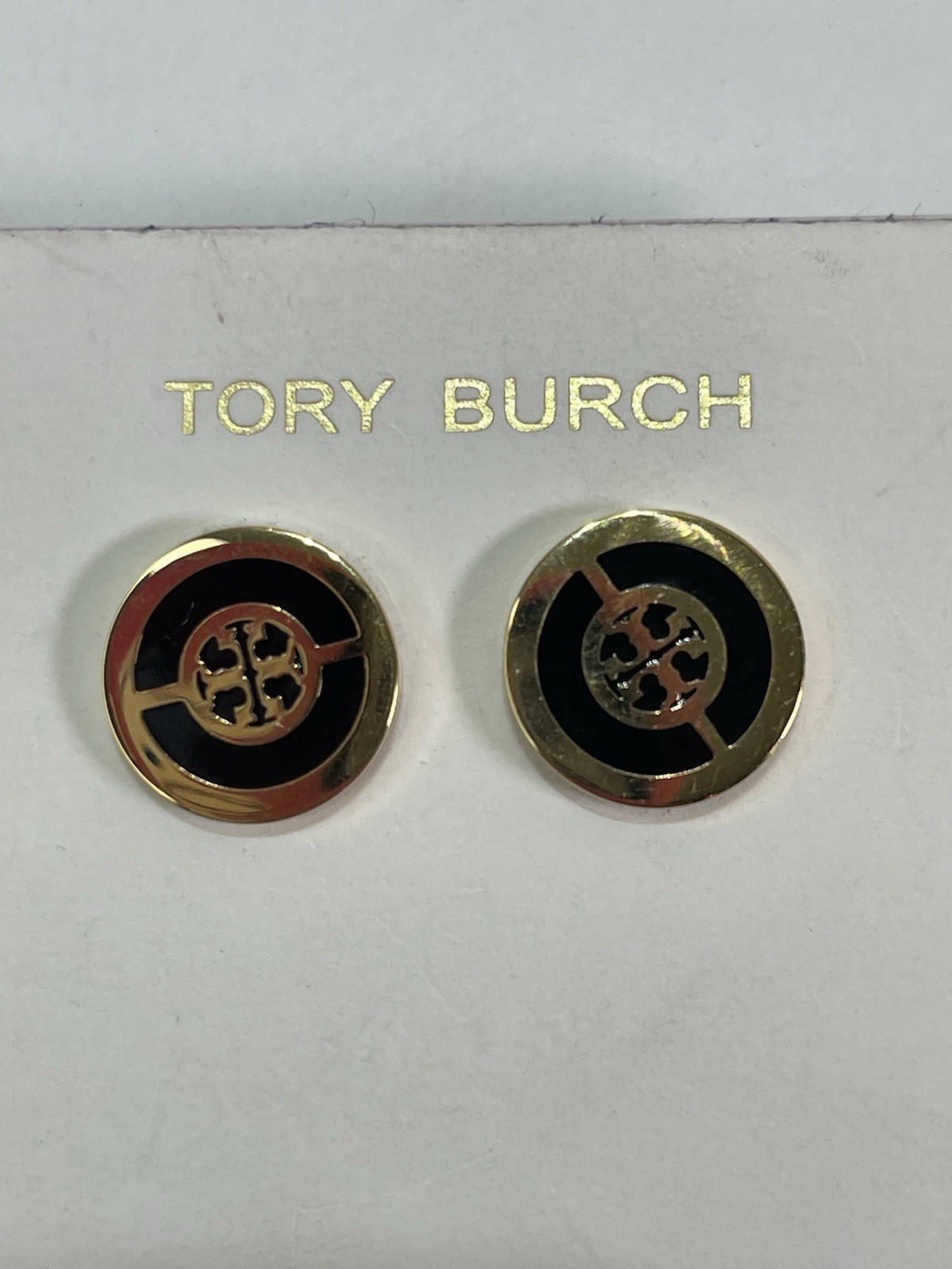 Tory Burch Black & Gold Tone Logo Stud Earrings Butterfly Closure
