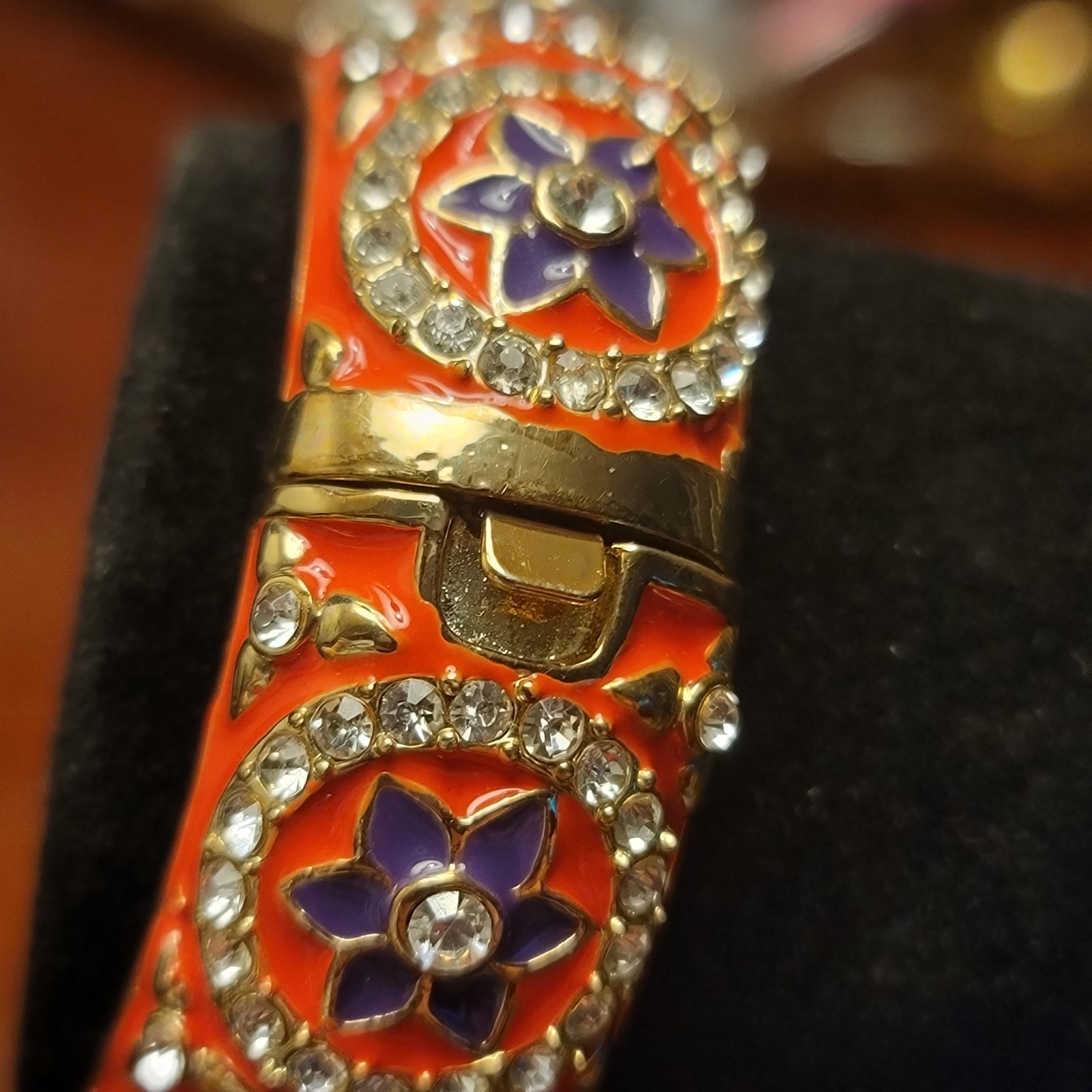 Gold Tone Bangle Bracelet, orange enamel, purple flowers, clear Rhinestones