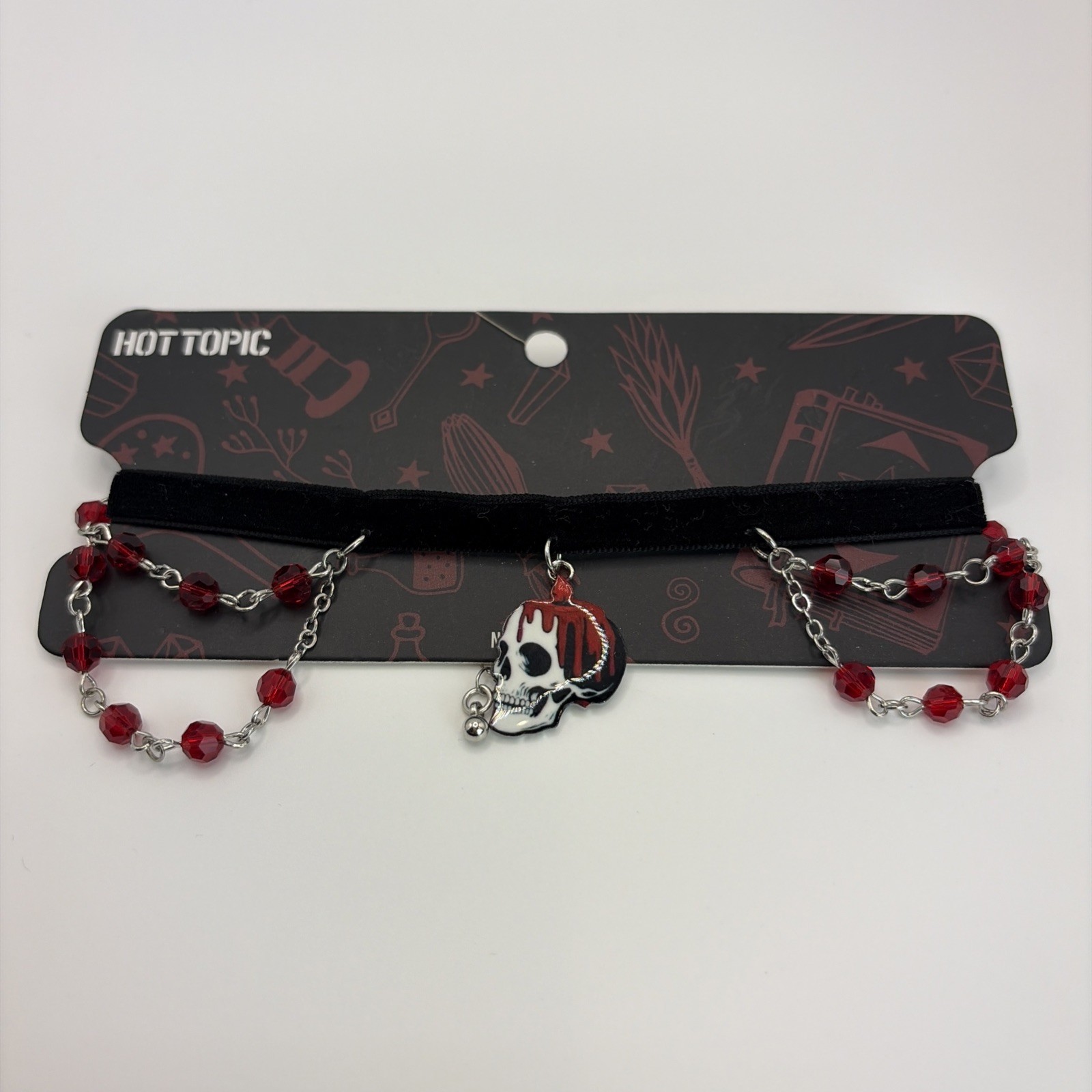 New Hot Topic Skull Candle Draped Chocker Necklace Black Gothic Beads Velvet *