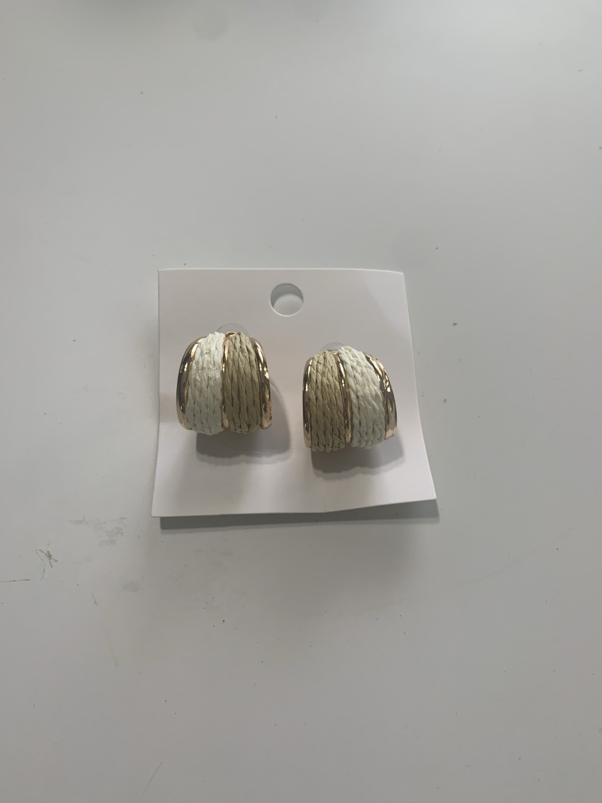 Khaki and Off White Raffia CShaped HOOPS Hoop Earrings Handwoven.