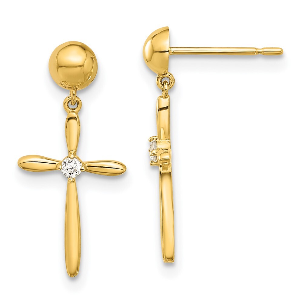 14k Yellow Gold Polished Cubic Zirconia Cross Drop and Dangle Earrings 0.93g