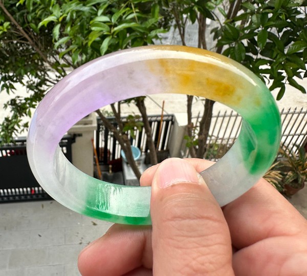 Natural Grade A Jadeite Bangle Tri-Color Green Lavender Yellow Burmese Jade 62mm