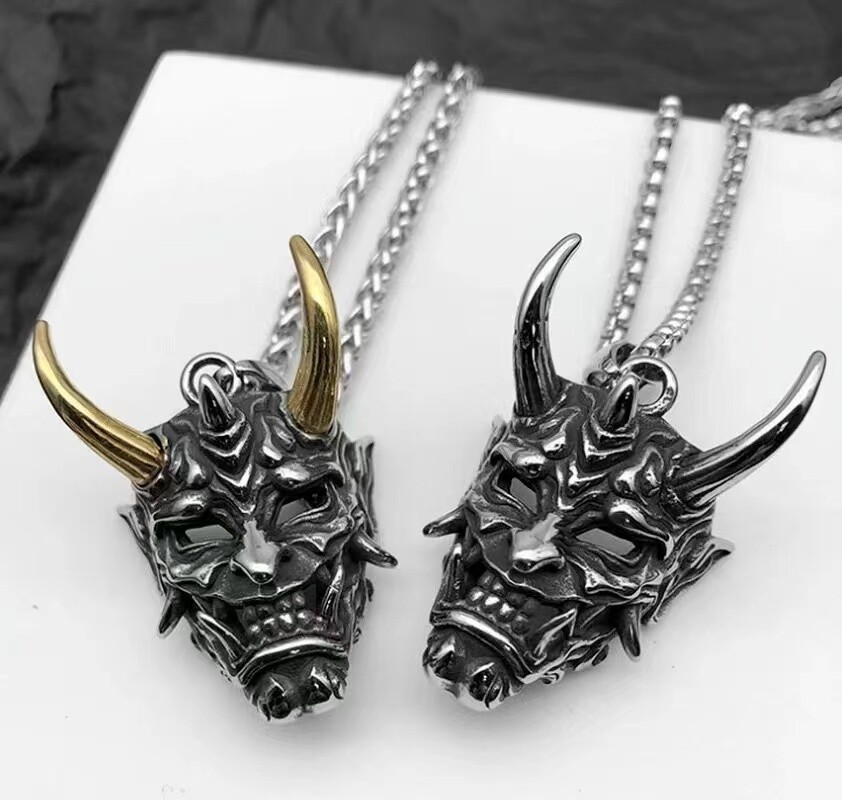Mens Japanese Hannya Oni Mask Pendant Necklace Punk Biker Jewelry Box Chain 24″