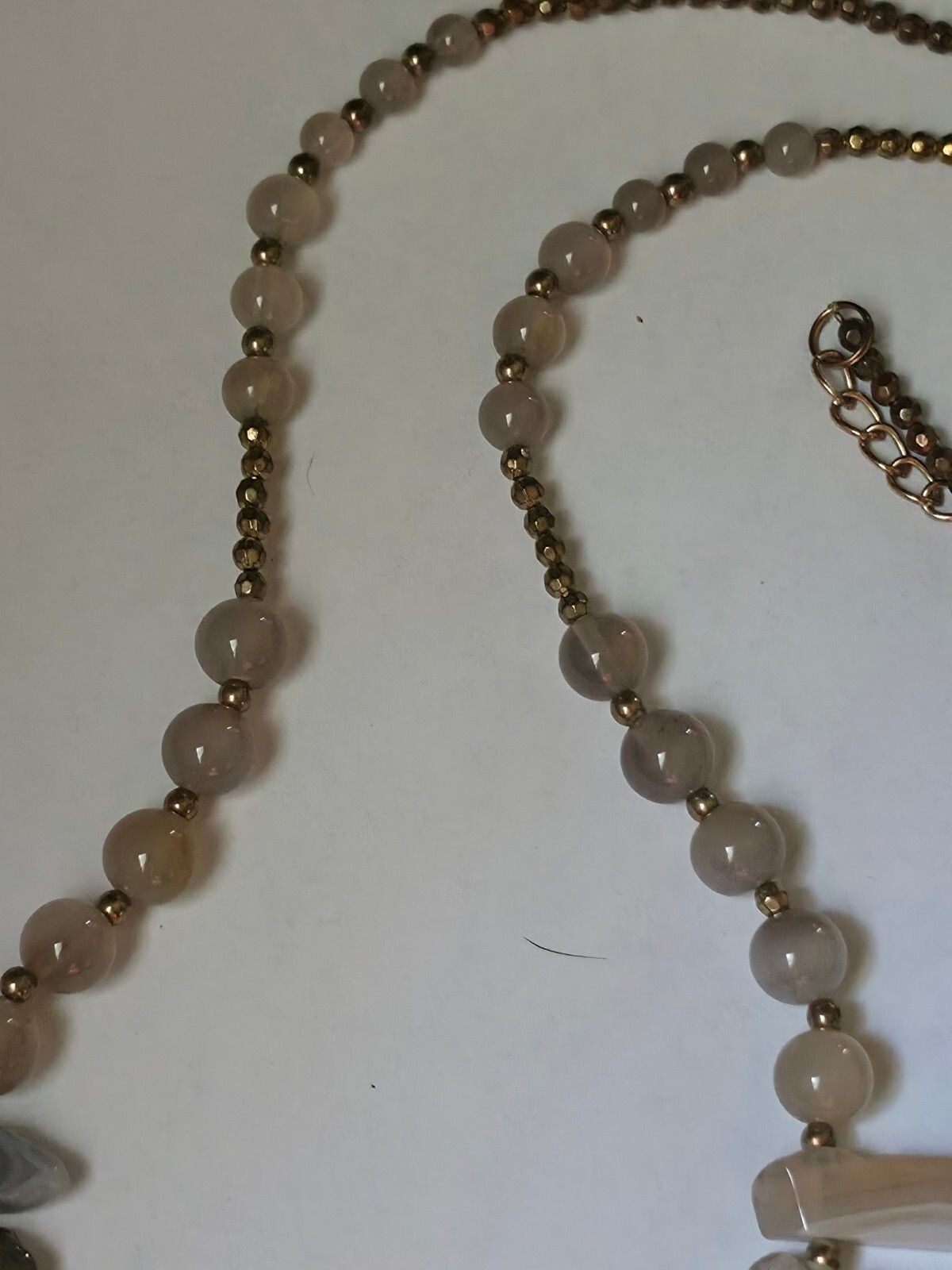Banded Agate Slice Statement Bib 34″ Adj. Necklace Faceted Chalcedony Beads