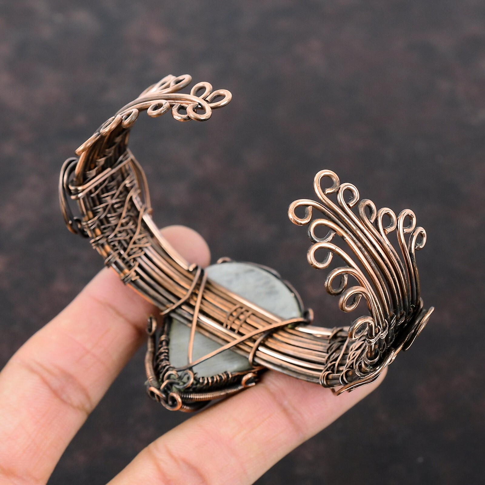 Rainbow Moonstone Wire Wrapped Adjustable Cuff Handcrafted Copper Unique Gift