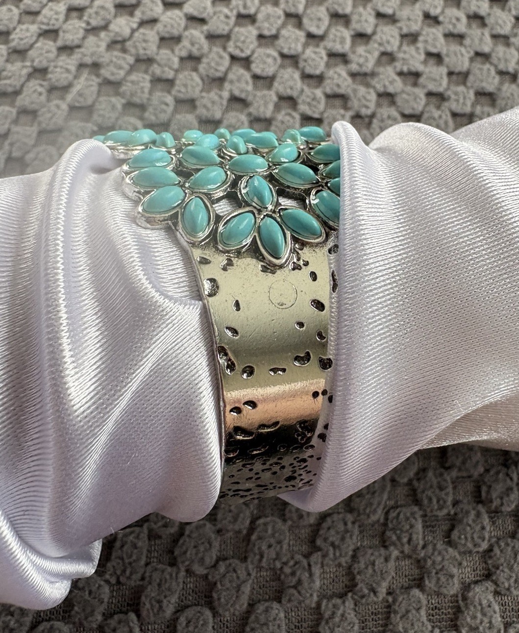 Turquoise Cuff Bracelet Western Boho Silvertone Jewelry Boho