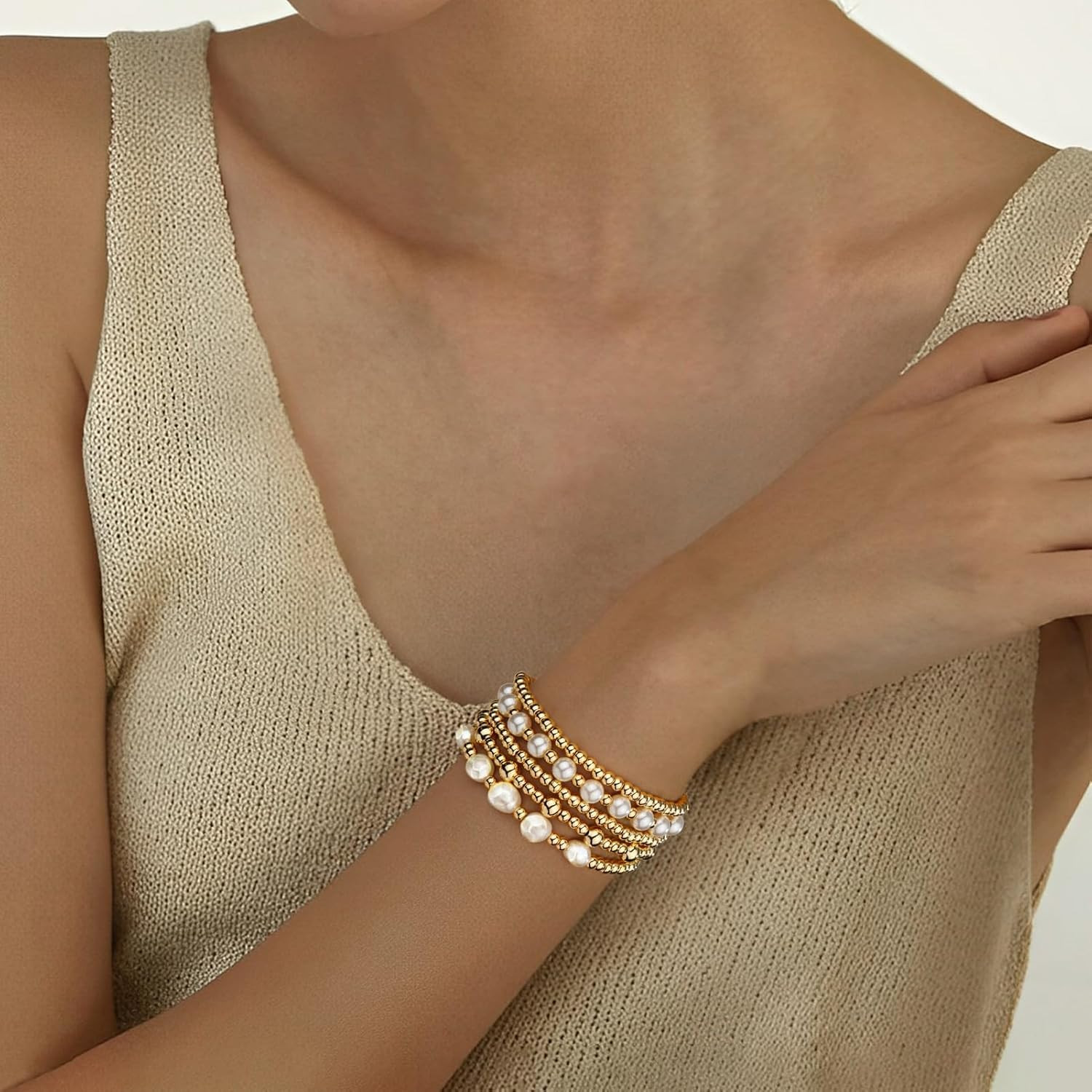 5Pcs Silver Gold Beaded Stretch Bracelet Stack Set Pearl Women Teen Jewelry