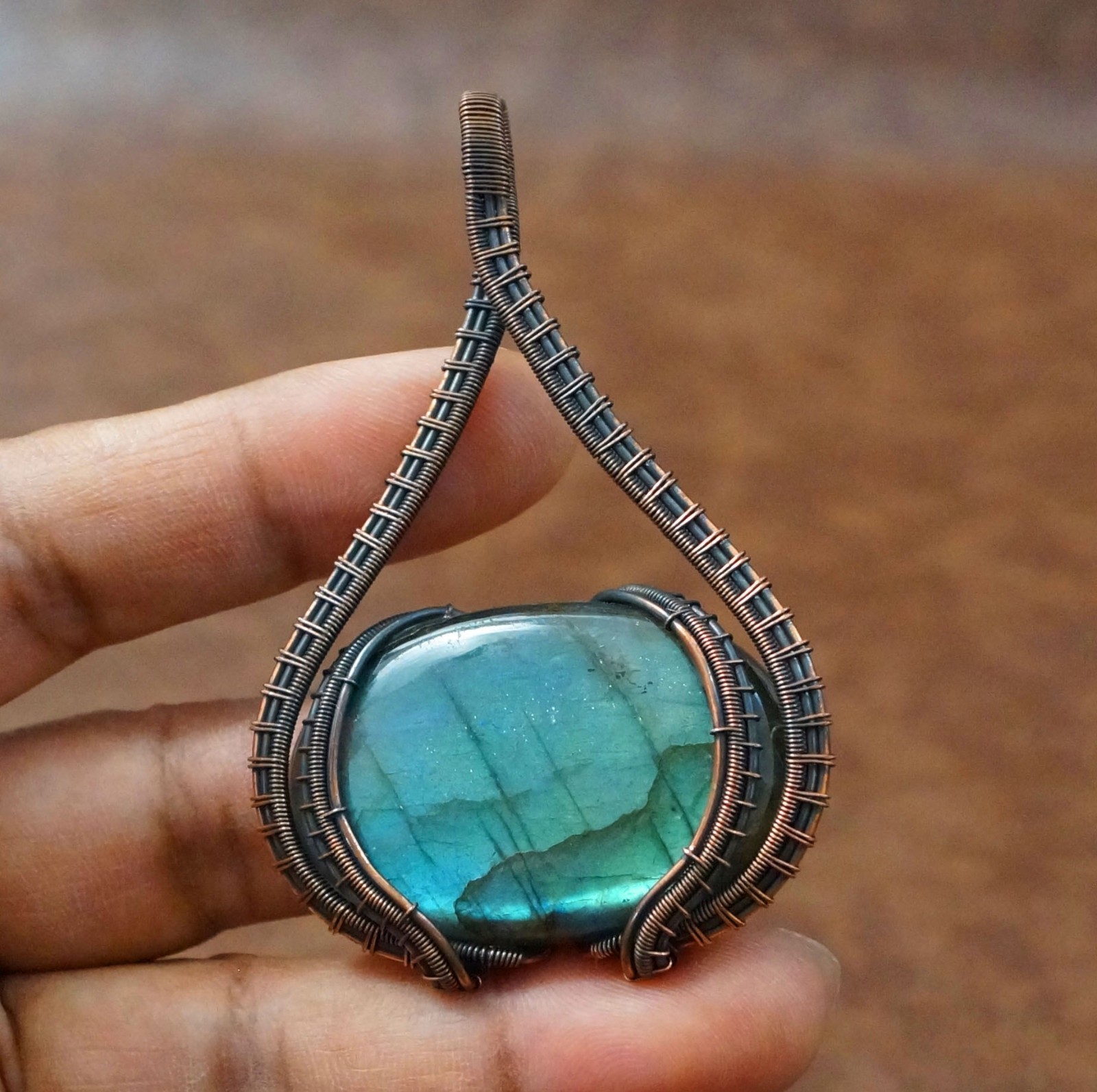 Blue flash Labradorite Copper Pendant Natural Gemstone Handmade Jewelry (PD-33