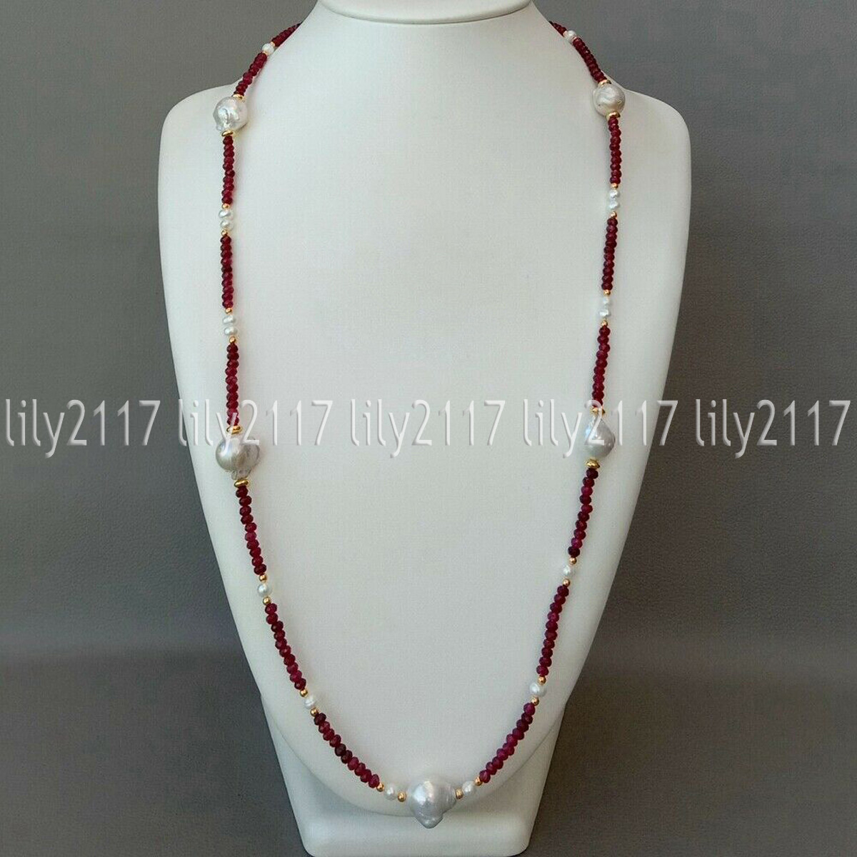 2x4mm Faceted Red Garnet Gems White Keshi Baroque Pearl Long Necklaces 14-55”