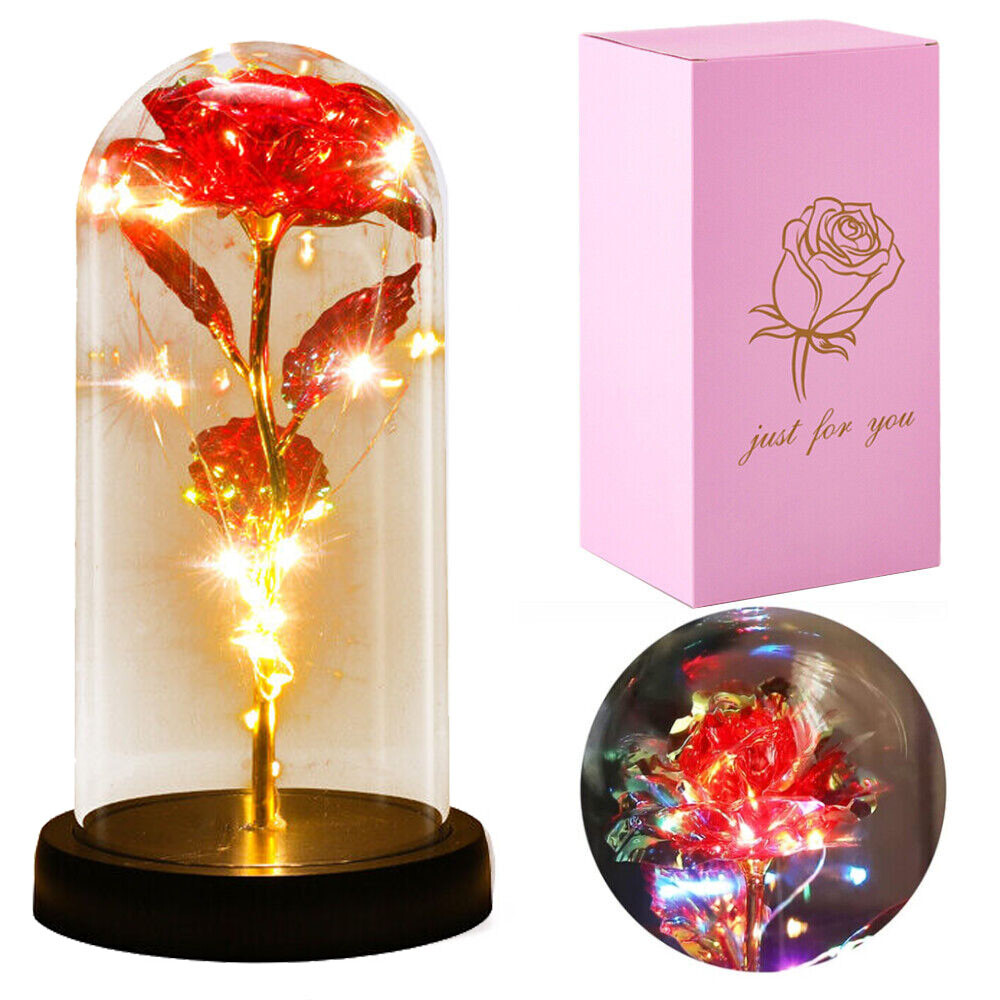 Crystal LED Rose Flower in glass dome Romantic Gift Love for mom girl Birthday