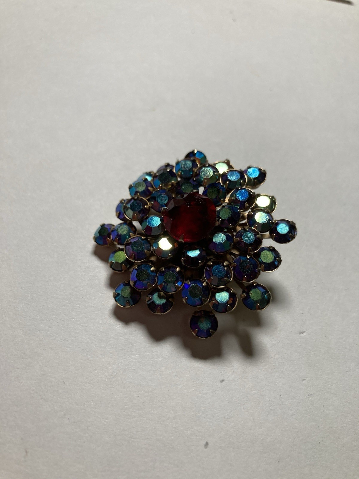 Aurora Borealis Flower Brooch Pin w/ Red Round Center Stone