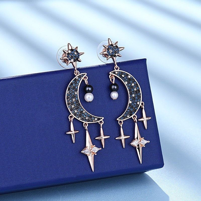 Crystal Celestial Star Moon Sun Stud Earrings Women Asymmetric Universe Jewelry