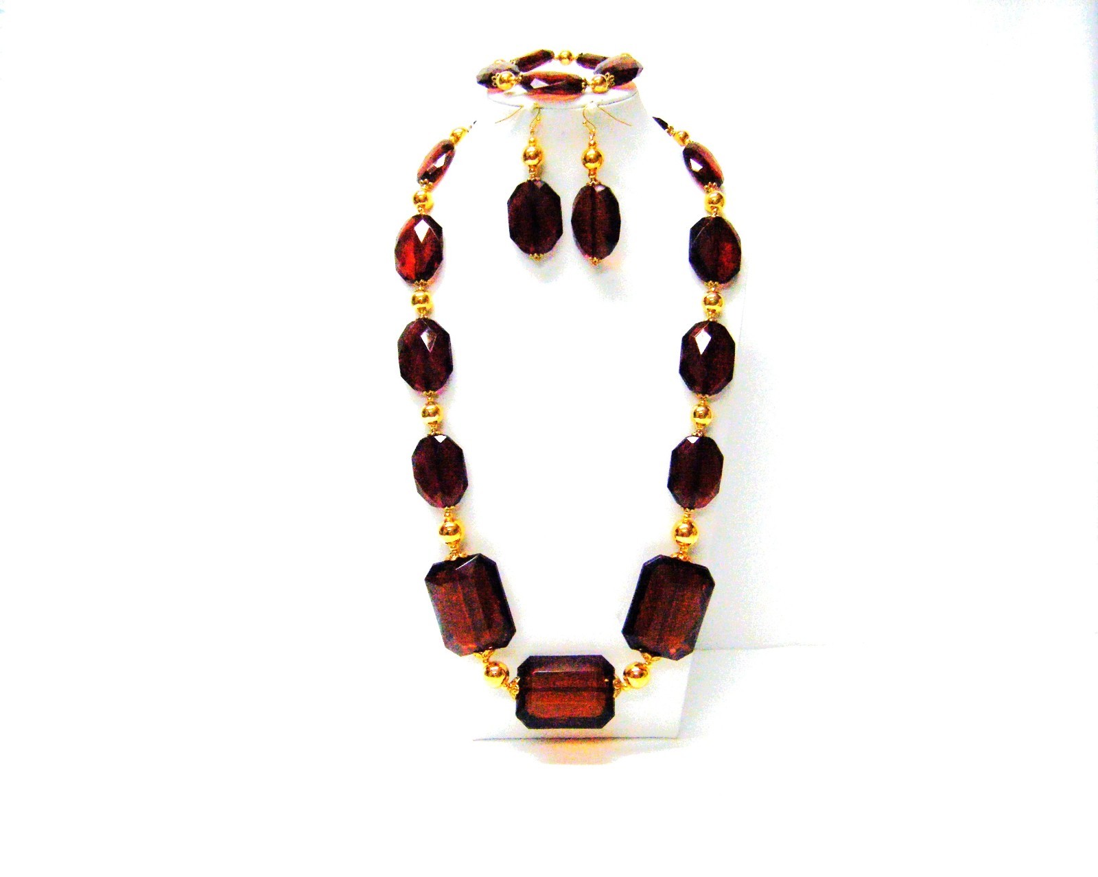 Dark Brown Acrylic Bead Necklace, Bracelet, Earrings Set with Gold Findings