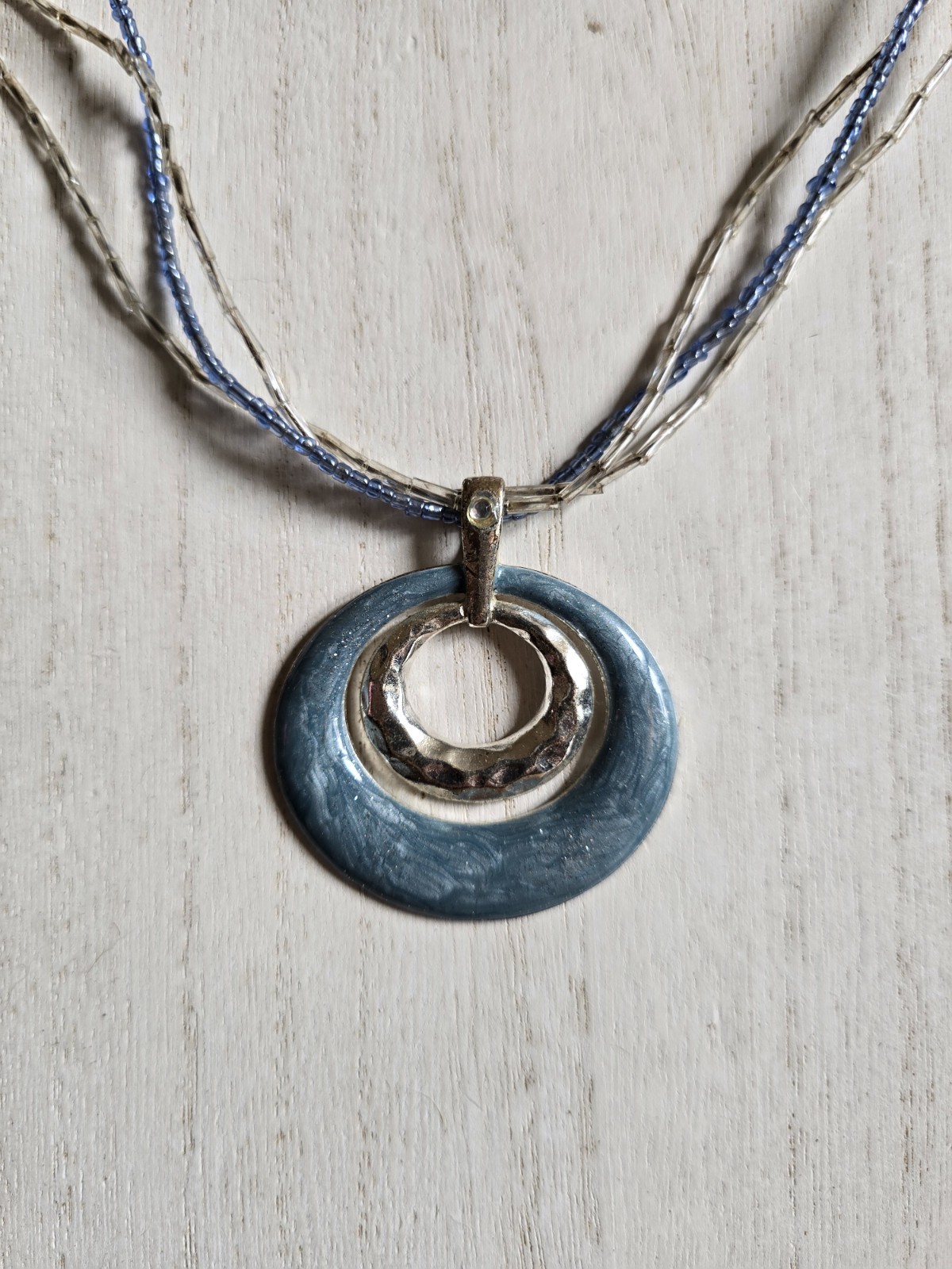 Kenneth Cole Signed Enamel Necklace Pendent Light Blue Silver Glass Beads