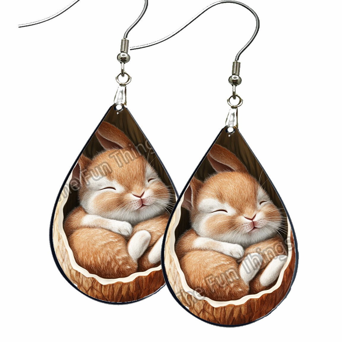 Sleepy Bunny Rabbit Earrings Teardrop NO TARNISH Wood Nature Lover Jewelry Gifts