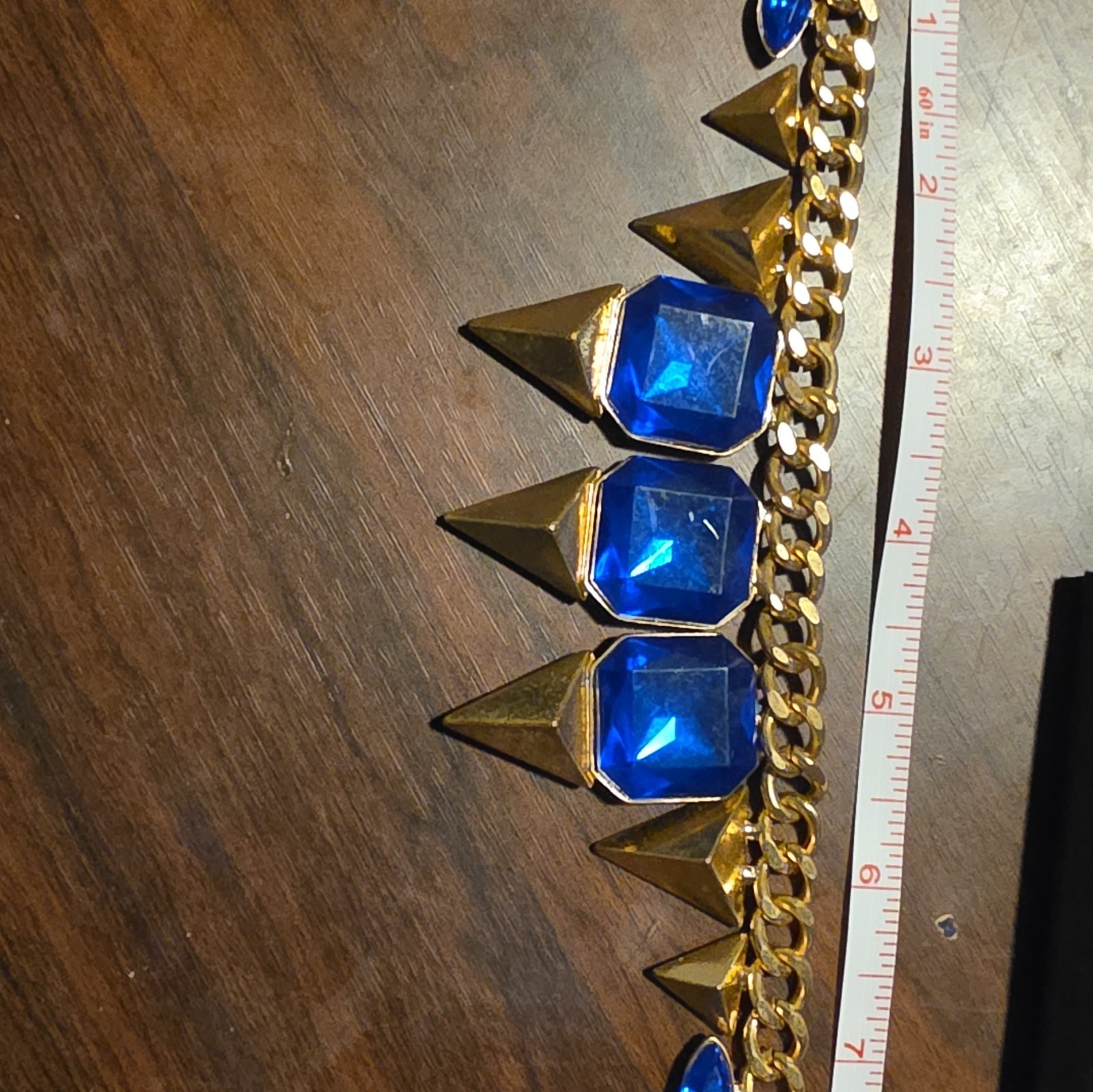 Gold Tone Curb Link Chain Necklace Blue Octagon Crystal Spike Dangles Adj 21in