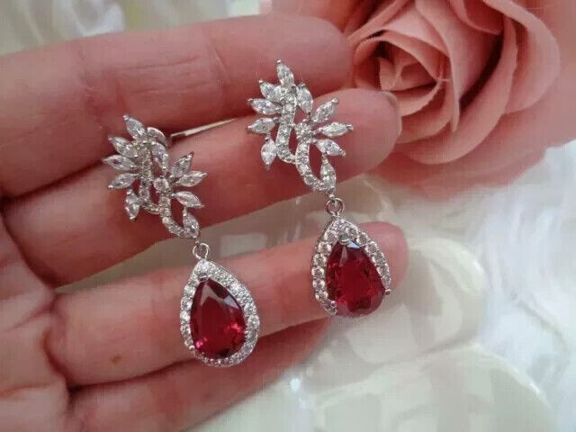 3Ct Pear Cut Simulated Ruby Stunning Drop Dangle Earrings 14K White Gold Plated
