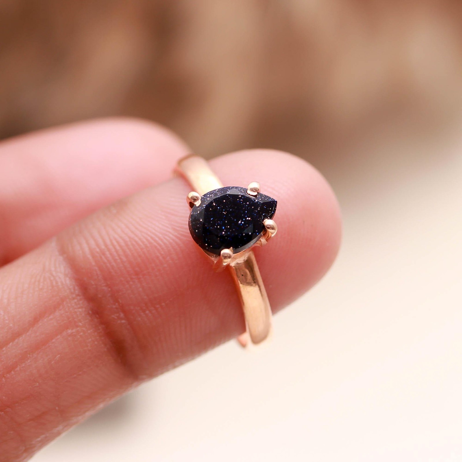 Natural Sandstone Pear Ring Rose Gold Plated 925 Sterling Silver Vintage Jewelry