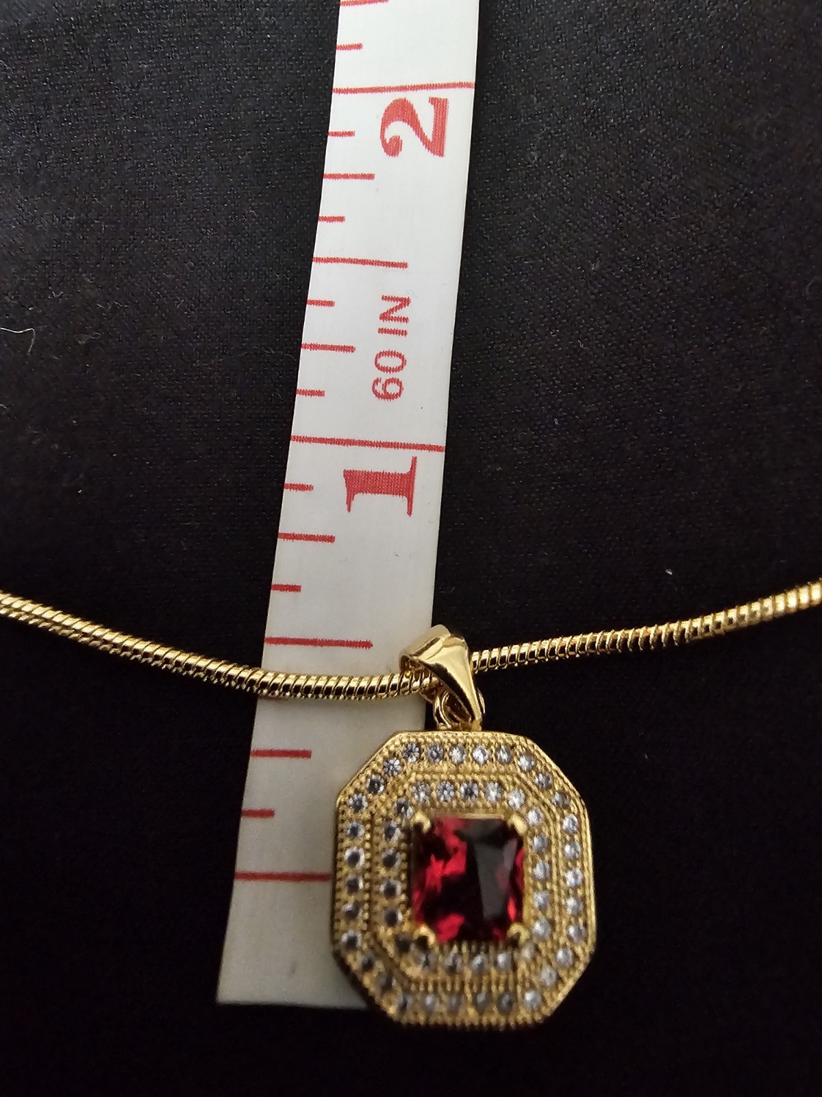 18in.14k Gold Plated on brass-1.4mm THIN SnakeNecklace Octagon Pendant Red Stone