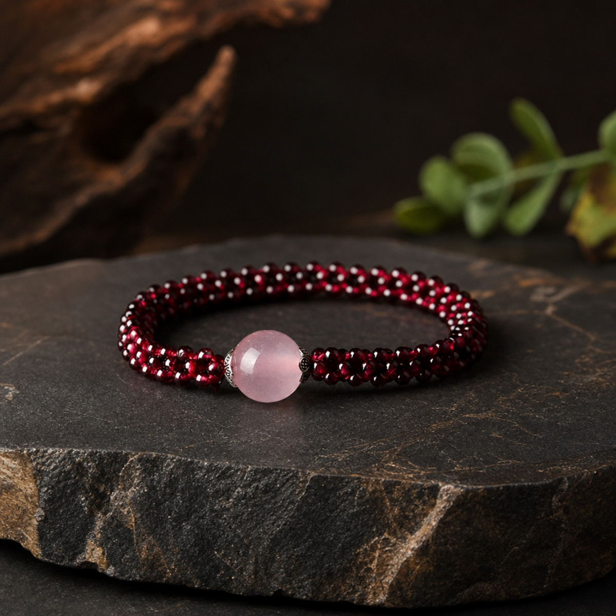 Natural Red Garnet Rose Quartz Beaded Bracelet Handmade Reiki Healing Women
