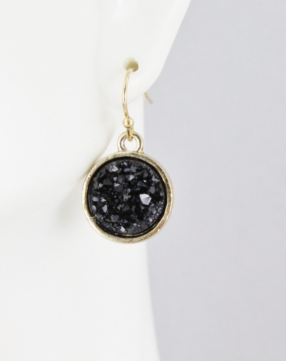 Black druzy earrings sparkly lightweight faux druzy stone 1″ long gold earrings
