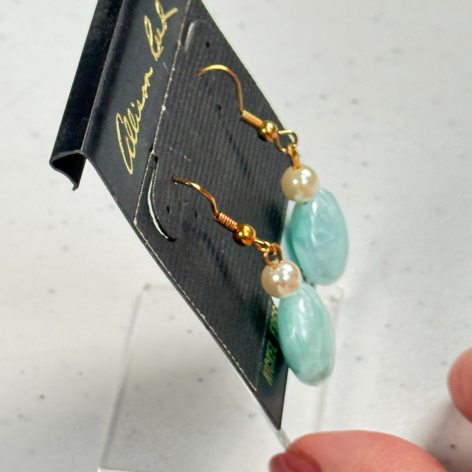 Vintage Pierced Earrings Allison Reed aqua Swirl Bead Faux Pearl Dangle USA