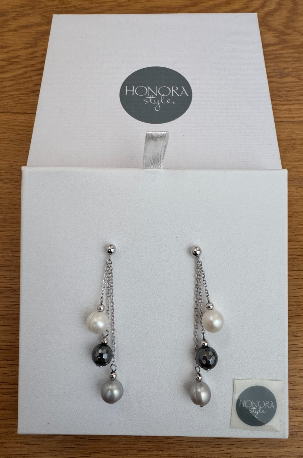 HONORA 3 DROP EARRINGS FRESWATER PEARLS & HAEMATITE PIERCED EARS BNIB CFWP MACYS