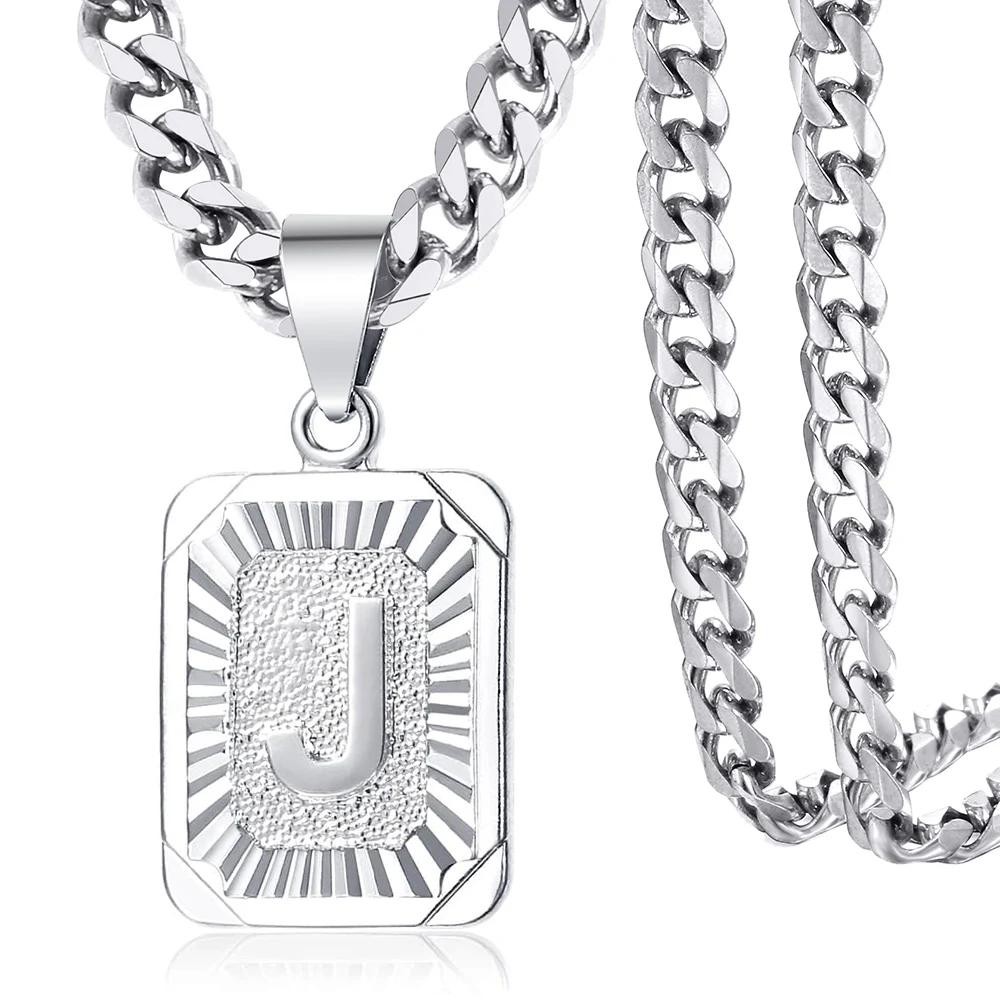 Stainless Steel Initial Necklace Square Name Letter A-Z Pendant W/Cuban Chain