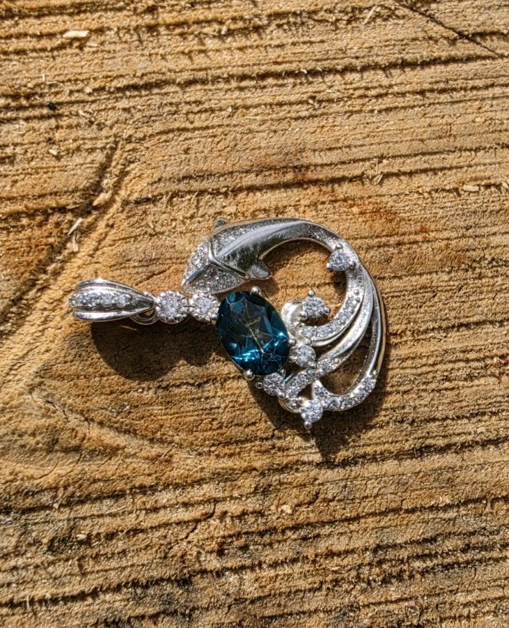 Genuine Blue Topaz Pendant 925 Sterling Silver Dolphin Wave Necklace