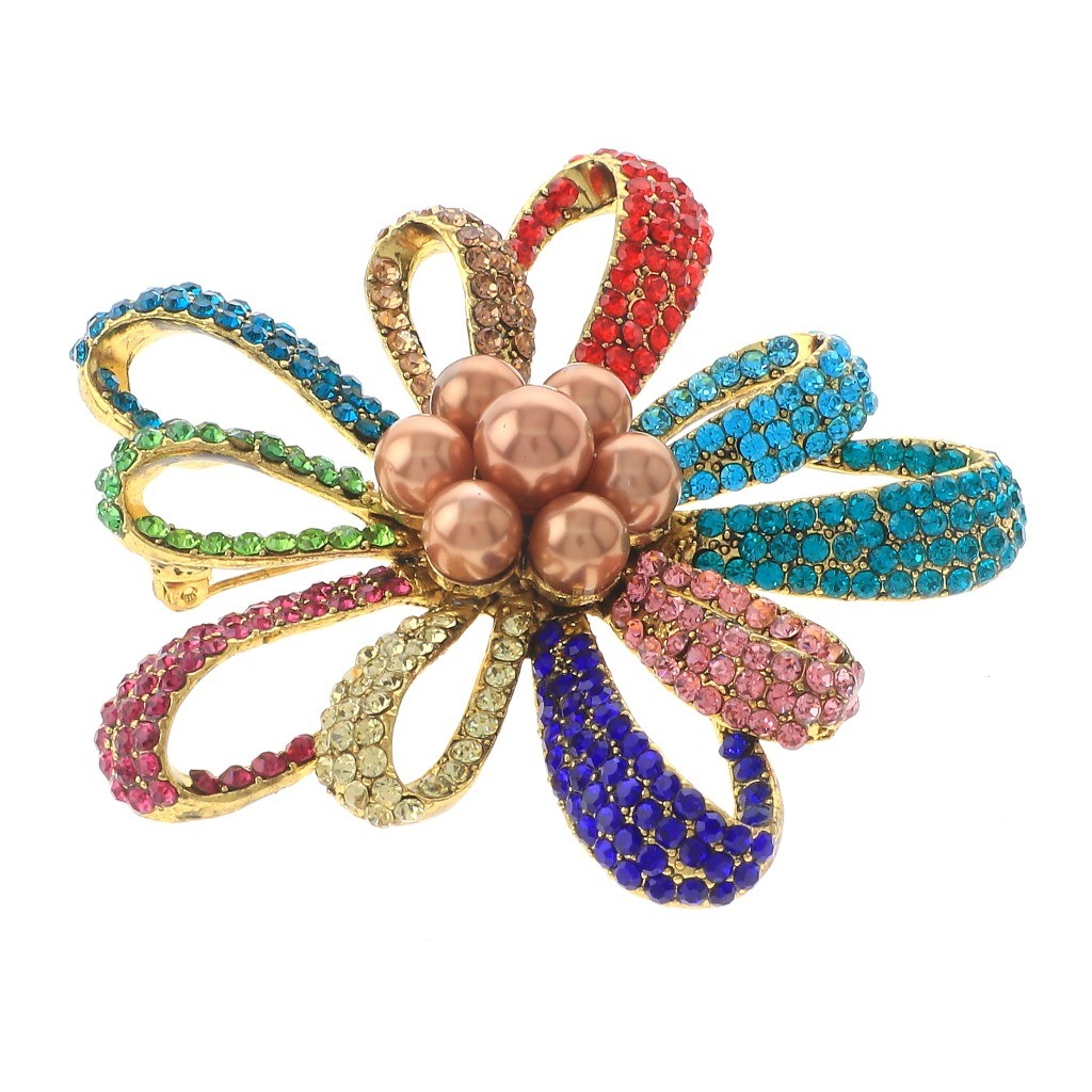 Antique Gold Tone Metal Multi Pearl Rhinestone Flower Brooch P1334-MUL