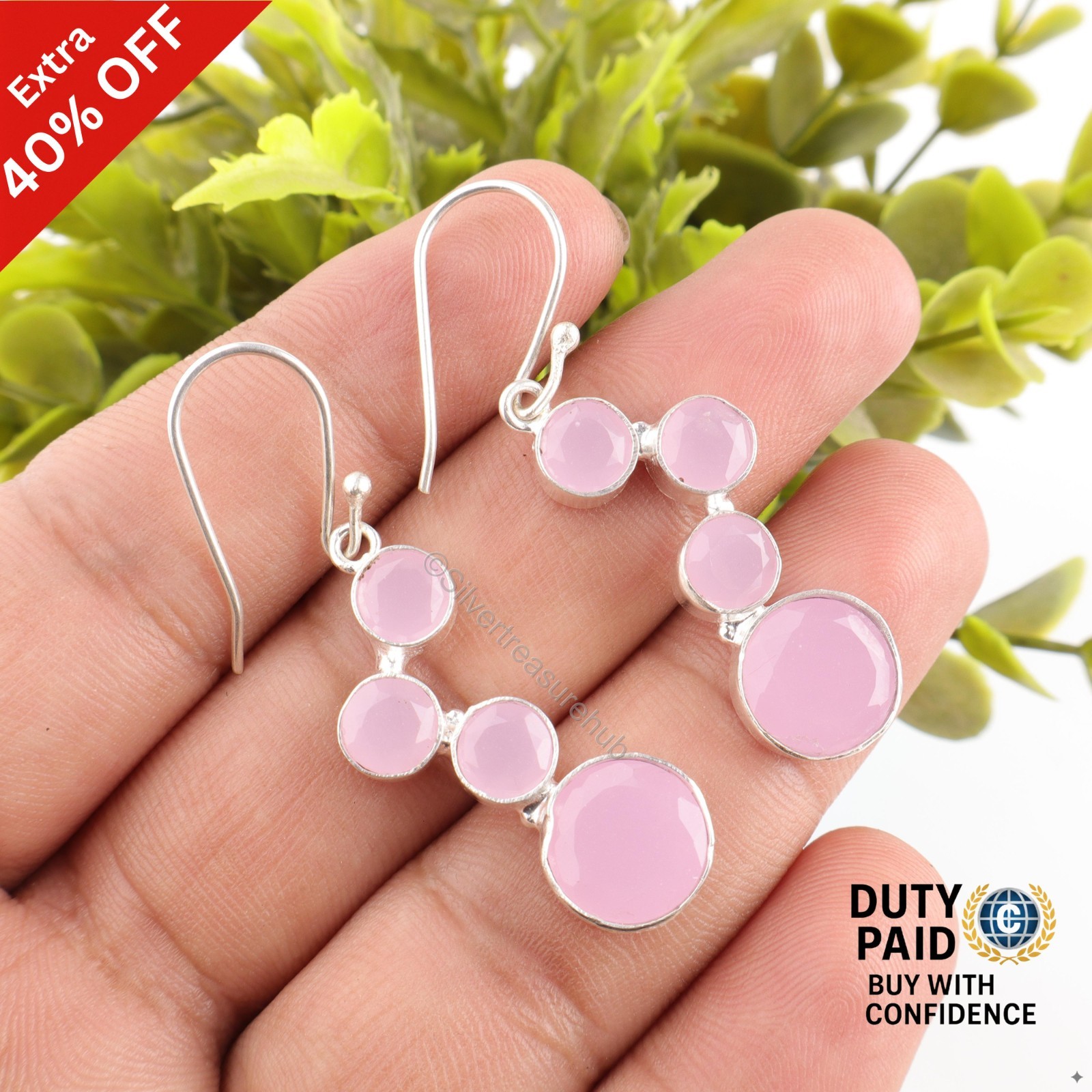 925 Silver Round Rose Chalcedony Gemstone Dangle Handcrafted Wedding Earrings