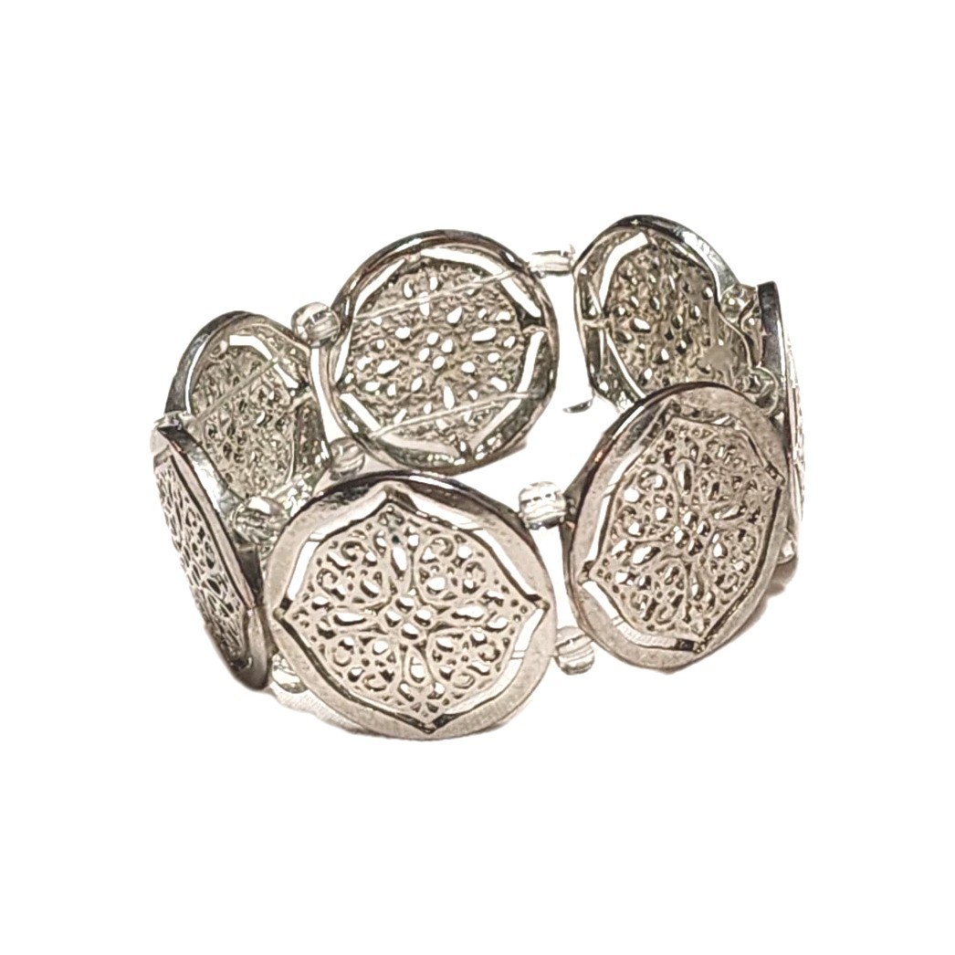 Silver Tone Filigree Round Coin Medallion Stretch Cuff Bangle Bracelet 7″ Boho