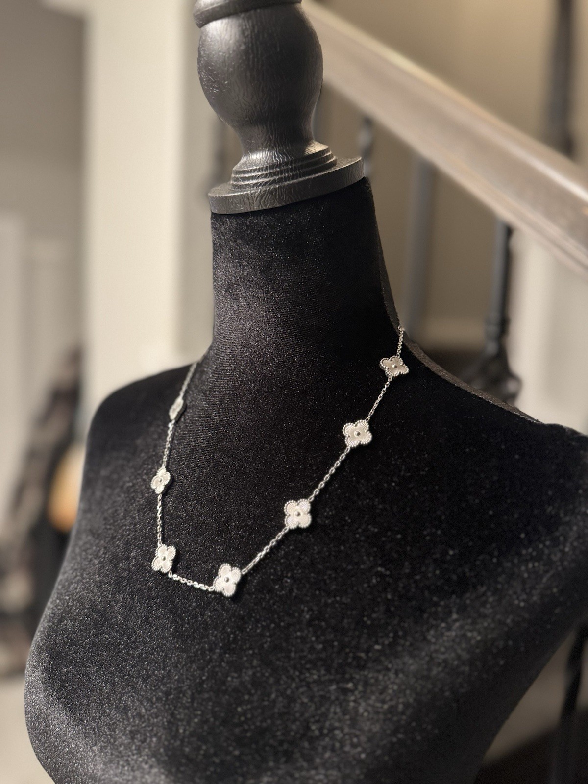 Silver Tone Station Cable Chain Necklace Clear Crystal Flower Cluster Links