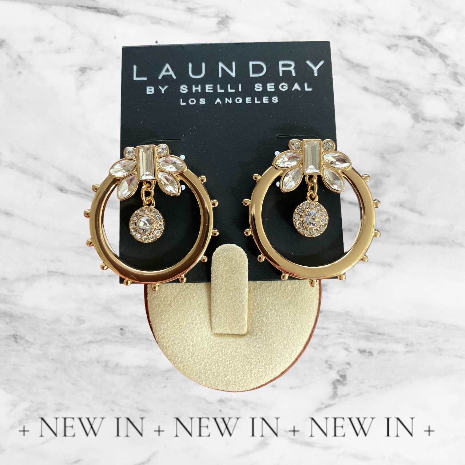 Laundry by Shelli Segal 1 1/4″ Gold Tone/Crystal Post Back Earrings-NWT