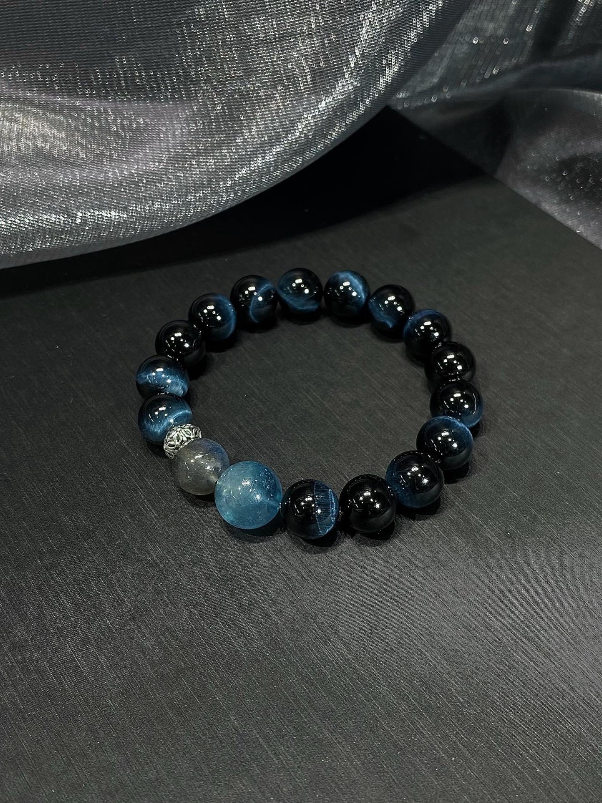 LUSA FEELA Natural Blue Tiger Eye Aquamarine Stretch Bracelet Gift Box