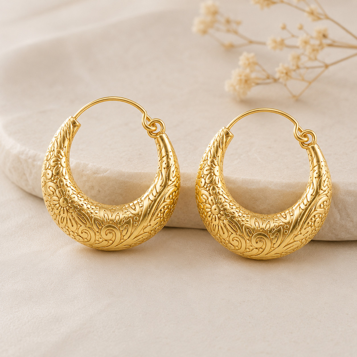 Gold Plating & Silver Plating Floral Engraved Hoop Earrings for Women Earring