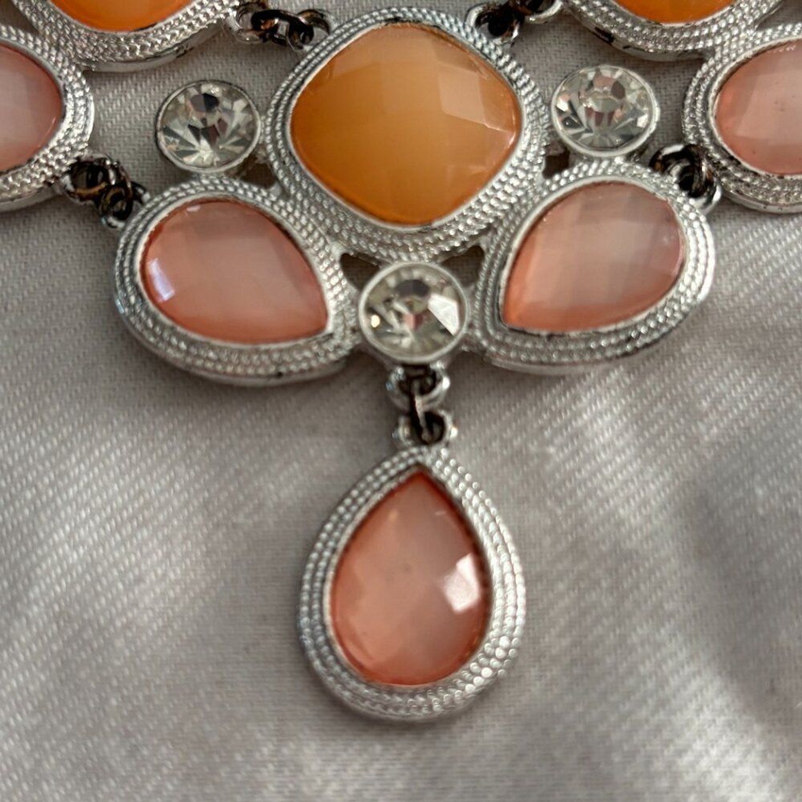 Pink Peach Statement Necklace Rhinestone Crystal Bib Pendant Silver Chain