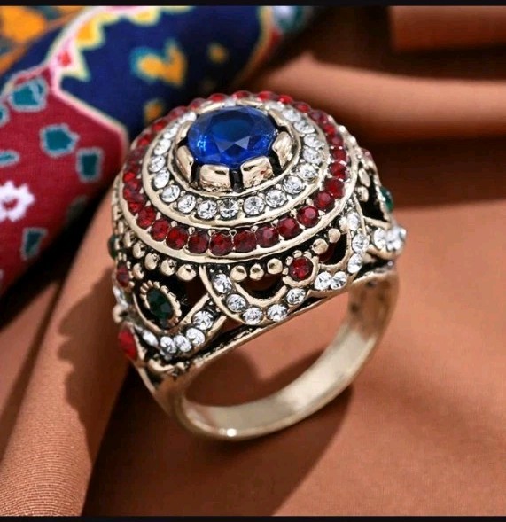 Men’s Vintage Blue Sapphire Pinky Ring Gold Tone Red Green Crystal Ring