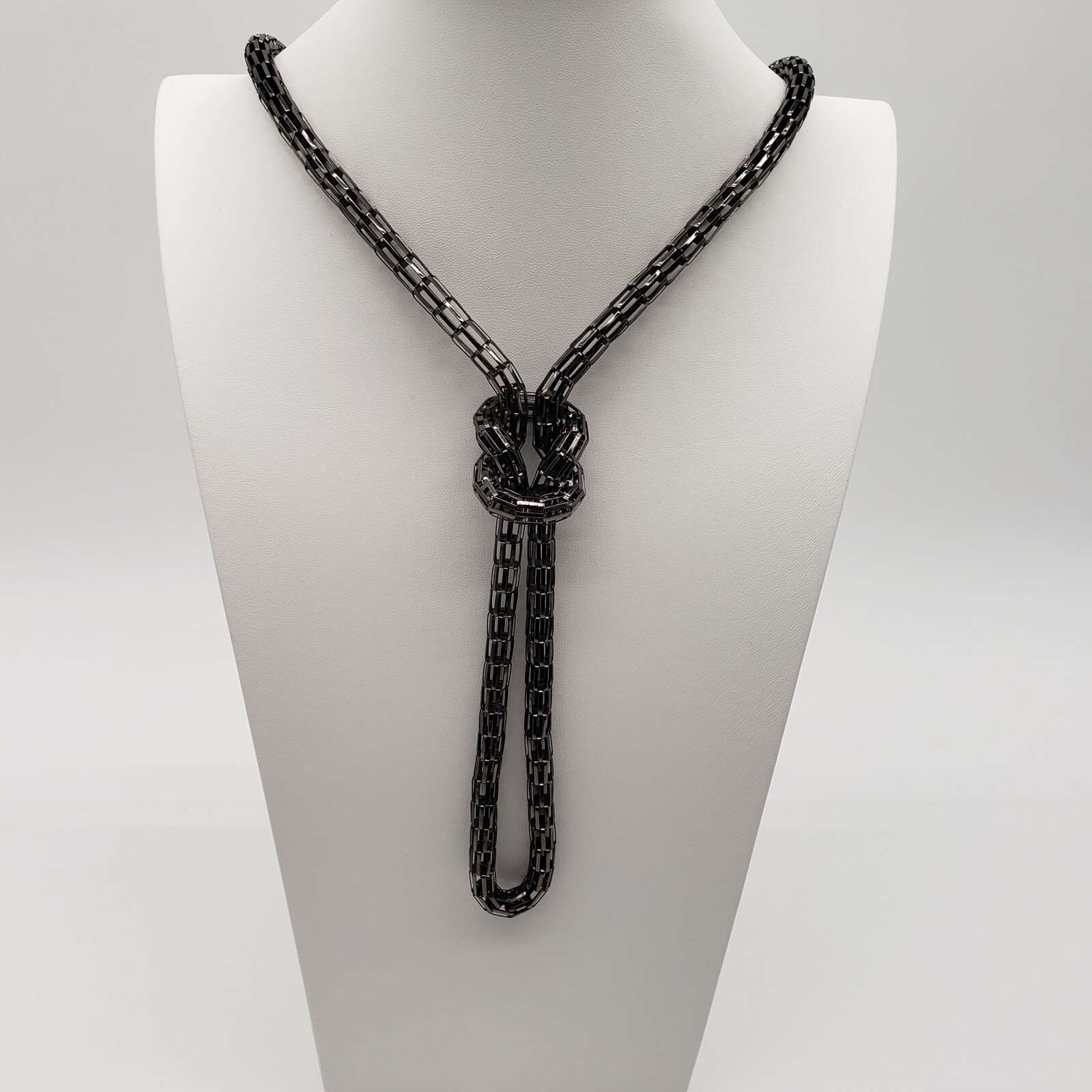 3D Gunmetal Gray Mesh Chain Knotted Long Statement Necklace Y-Drop Rope 43″