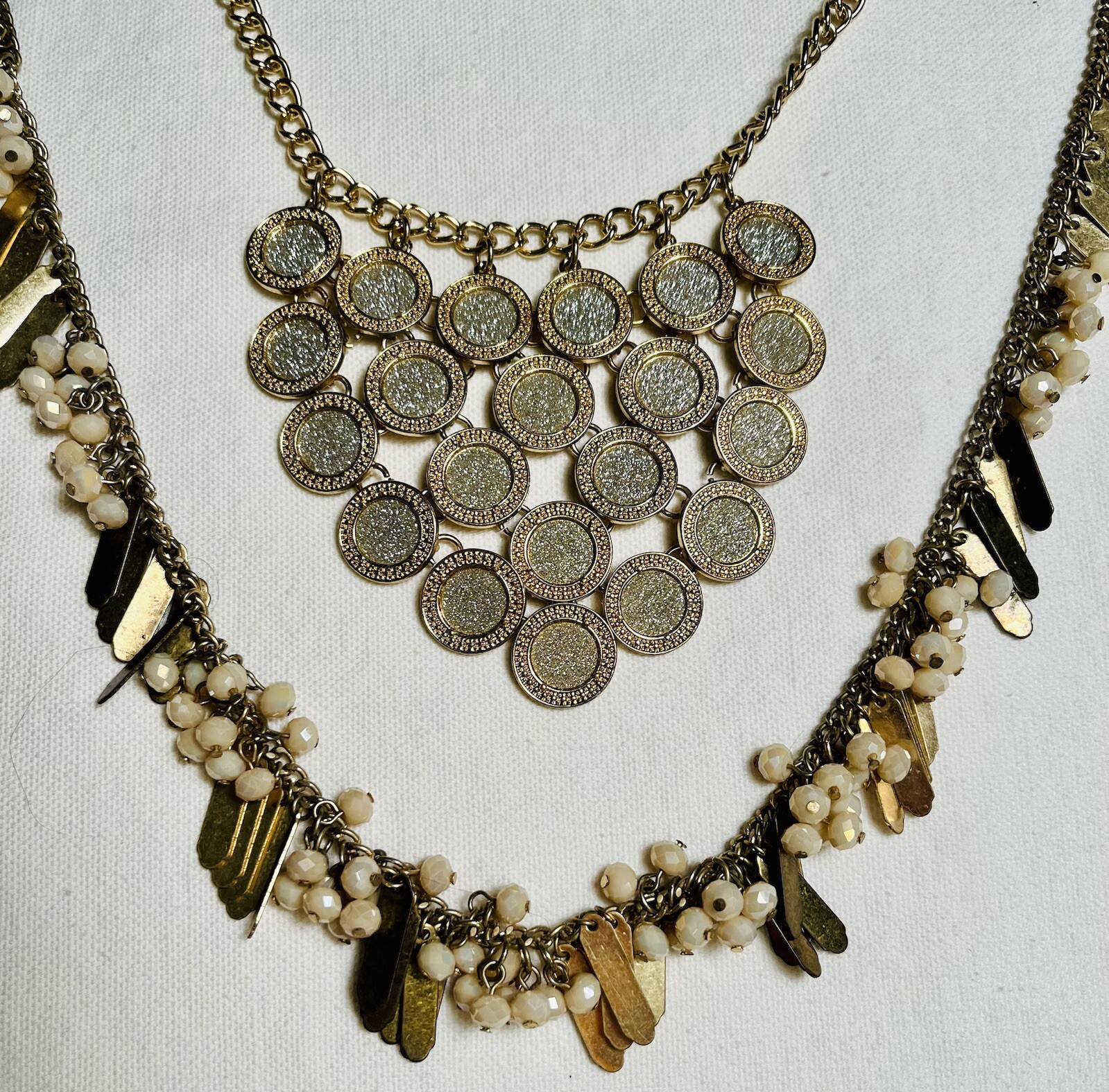 Lot of 2 Necklaces Coin Layered Statement & Long Gold & Brass Tones