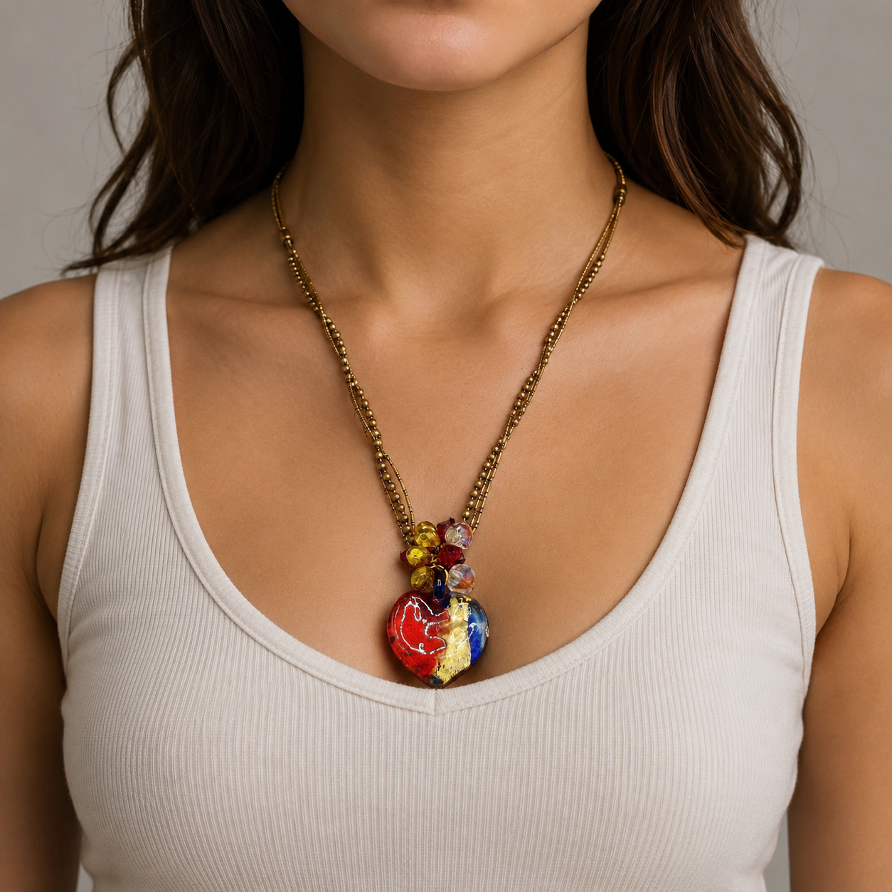 Chico’s 1 Strand Valentine Colorful Dichroic Glass Heart Ball Chain 21″ Necklace