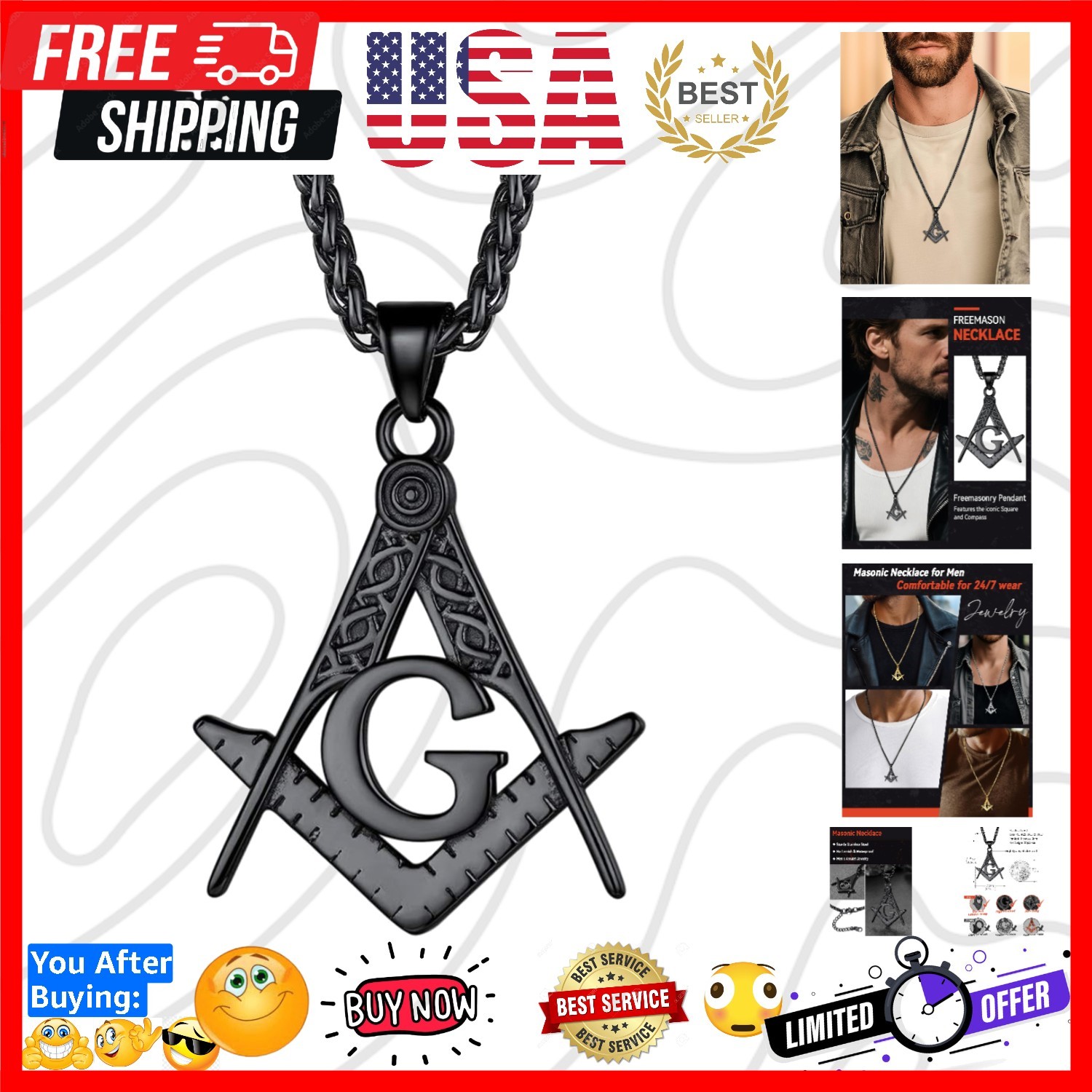 Masonic Necklace for Men, Freemason Compass Symbol 18K Gold Plated/Stainless …