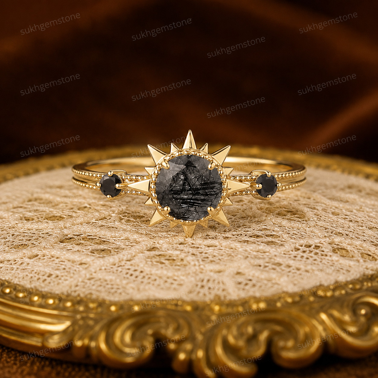 Black Rutilated Quartz Ring, Brass Gold Alloy , Birthday Gift Her, Women Ring