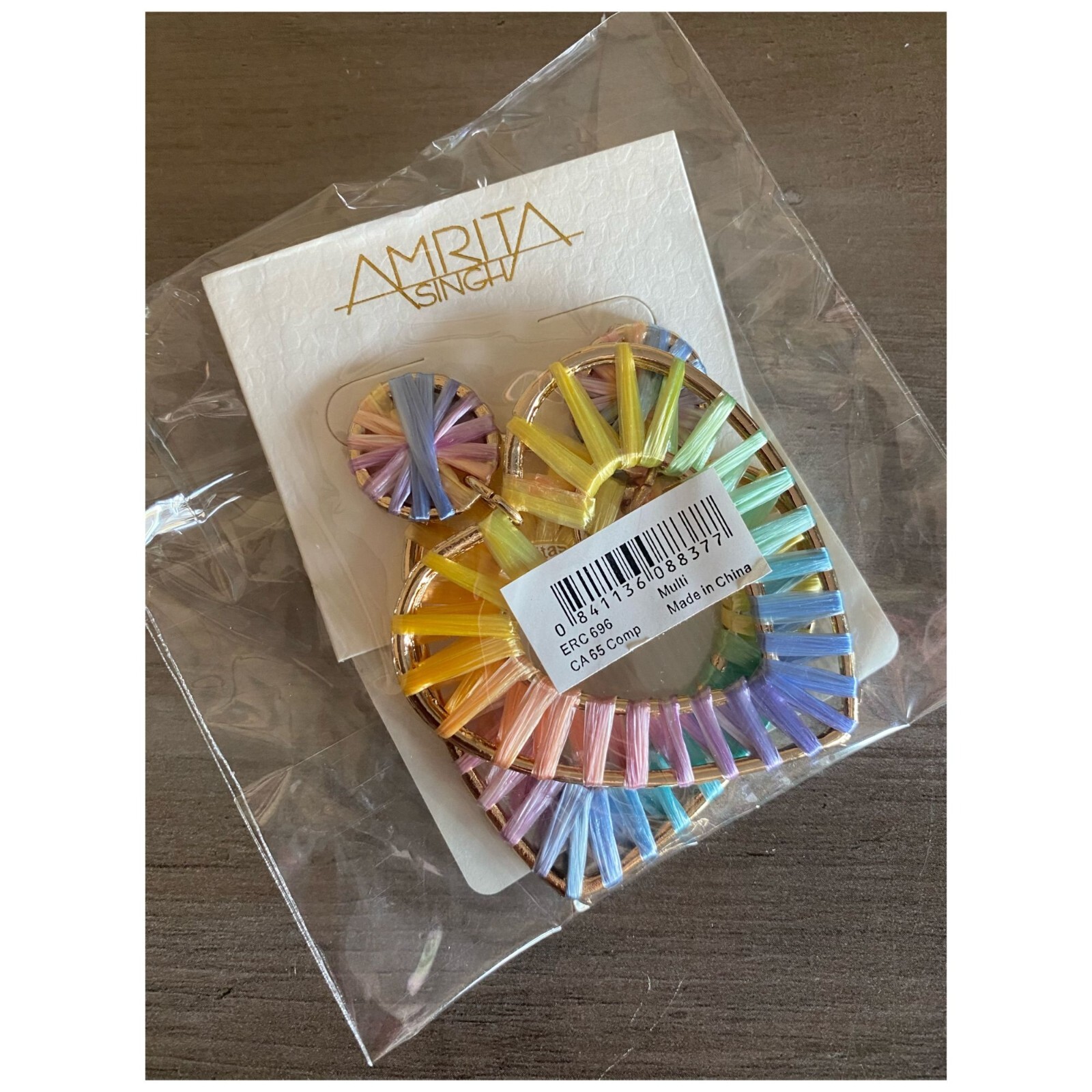 NEW AMRITA SINGH Heart Drop BOHO Raffia Earring Rainbow Color Romantic One Size