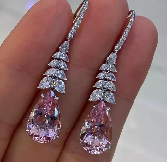 3Ct Pear Cut Simulated Morganite Drop/Dangle Earrings 14K White Gold Plated