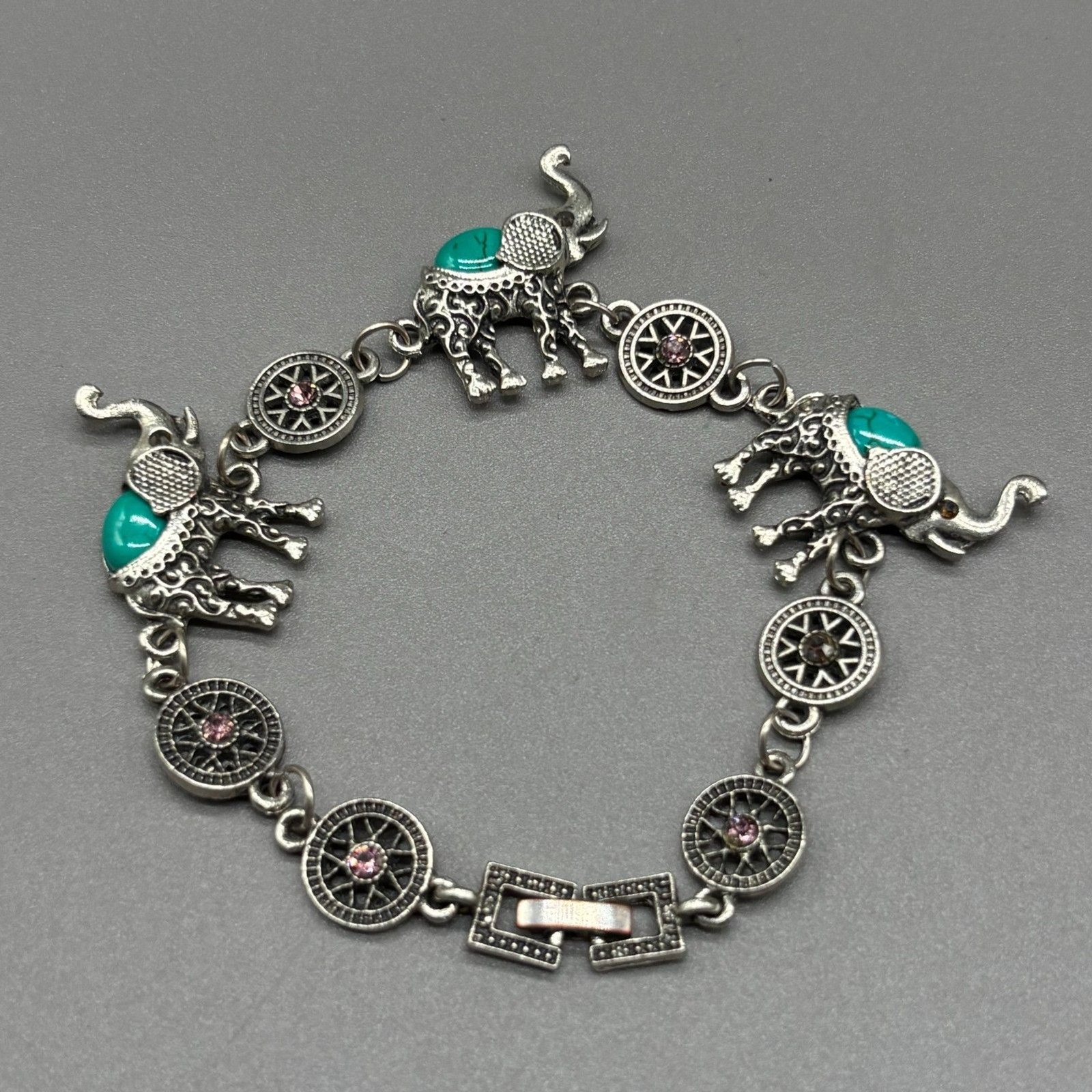 Boho Elephant Charm Bracelet Silver Tone Turquoise Cabochon Rhinestones Link 8″