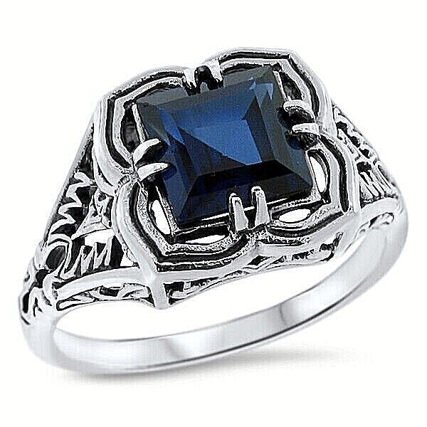 ART DECO STYLE 925 STERLING SILVER FILIGREE LAB-CREATED 2 CT SAPPHIRE RING 745Z