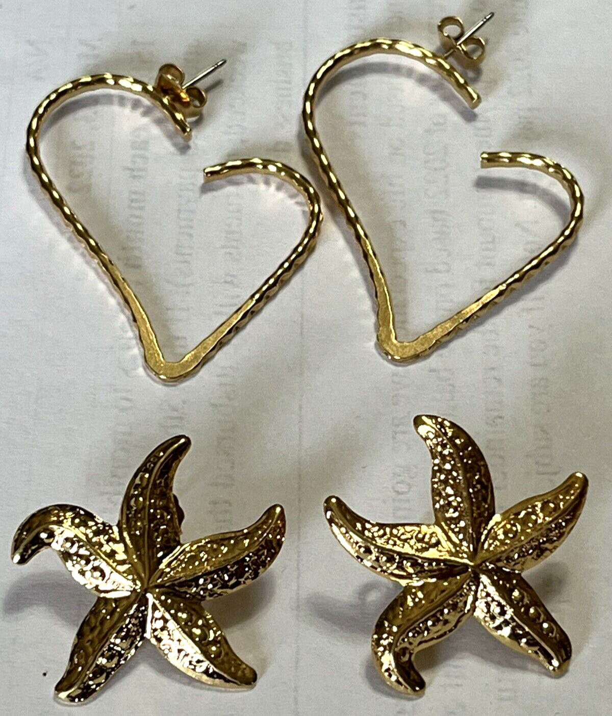 Earrings Gold Heart Gold Starfish Stamped Sparkle Post For Pierced Ears