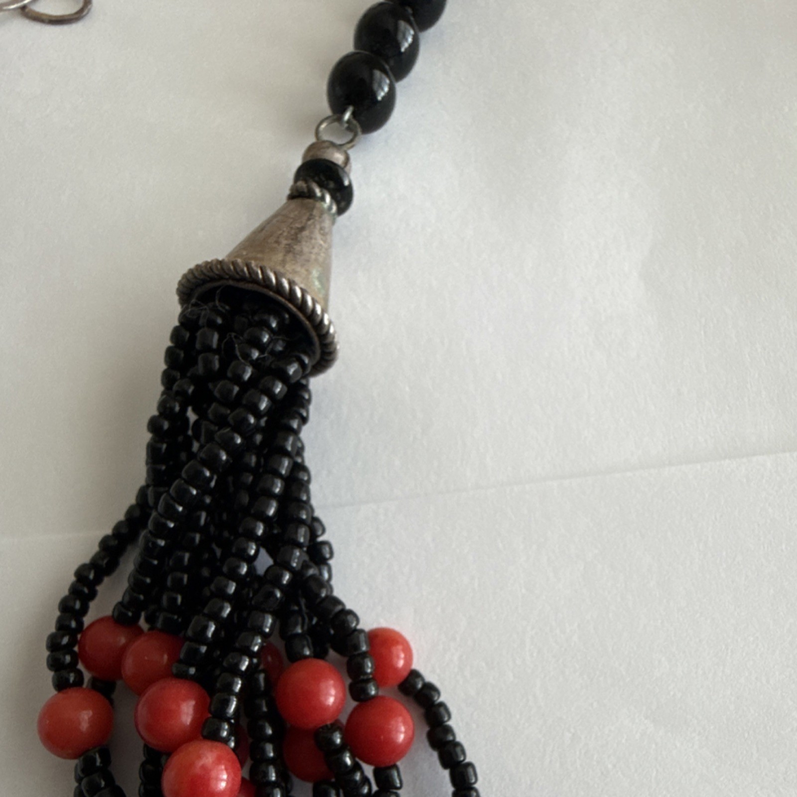 Black Red Coral Beaded Multi-Strand Necklace 925 Lobster Clasp